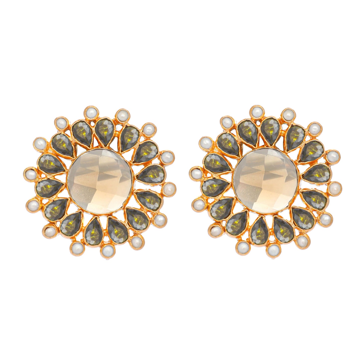 Nuyug 22K Gold Plated Faux Smoky Quartz & Crystal Studded Contemporary Floral Studs | Swadesiicart