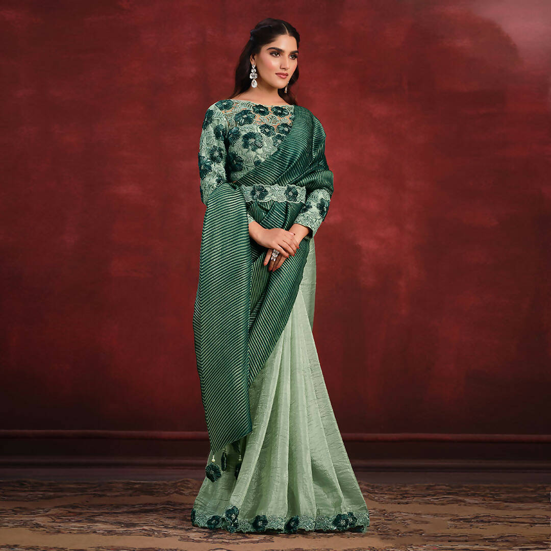 Sea Green Banarasi Crush Silk Sequence Thread & Stone Work/ Texture Pallu Saree - Mohmanthan Kimiya | Swadesiicart
