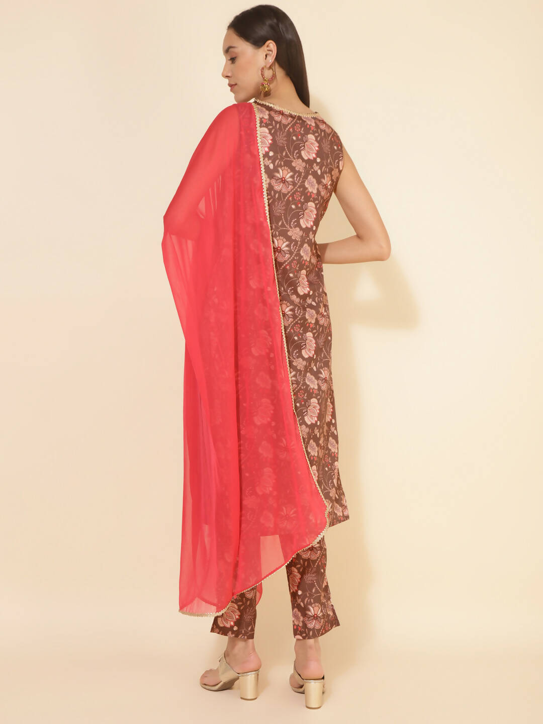Janasya Women's Brown Crepe Digital Floral Printed Festive Straight Kurta Set | Swadesiicart