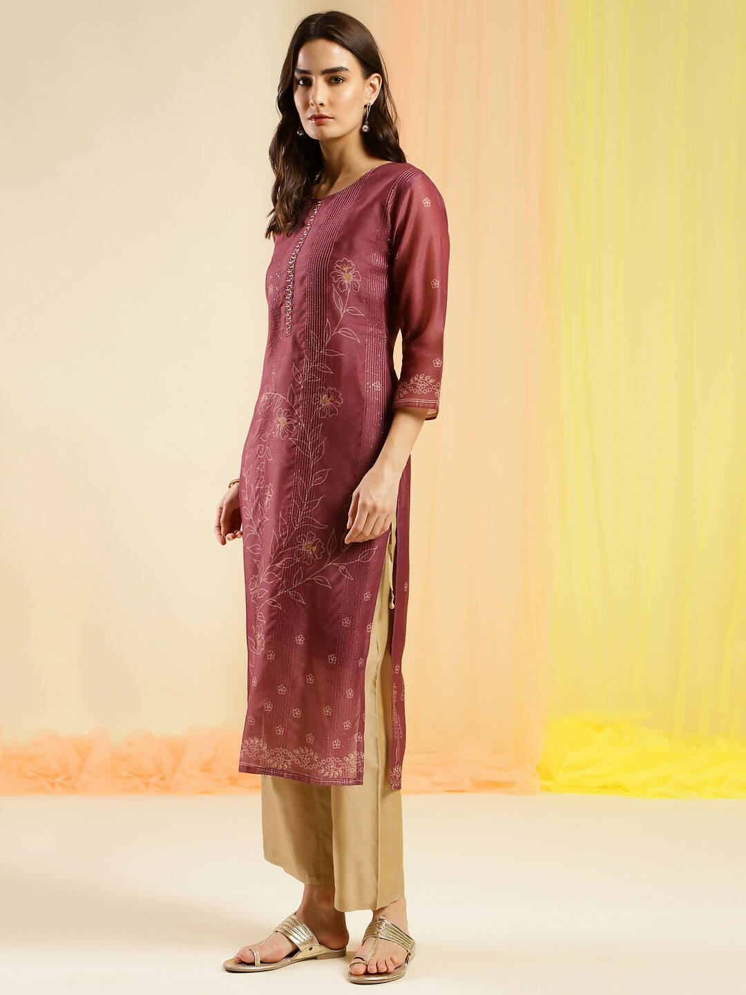 Maroon Chinon Digital Printed With Hand Work Kurta - Himanshi - Swadesiicart