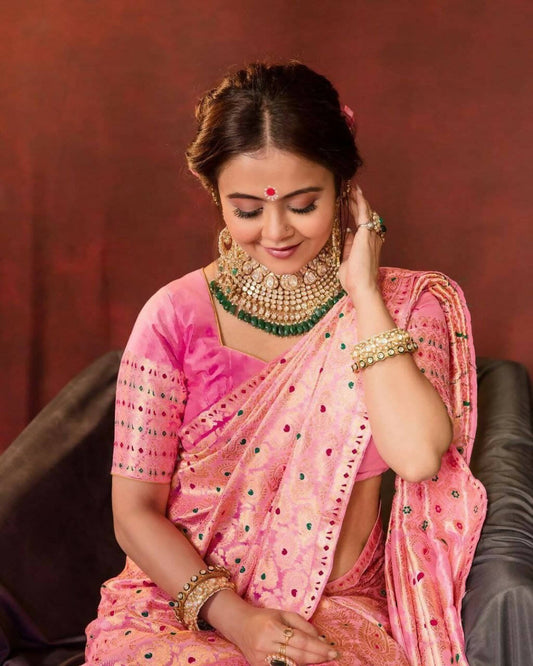DEIANA'S Beautiful Designer Golden zari Soft Lichi Silk Saree - Peach - Swadesiicart