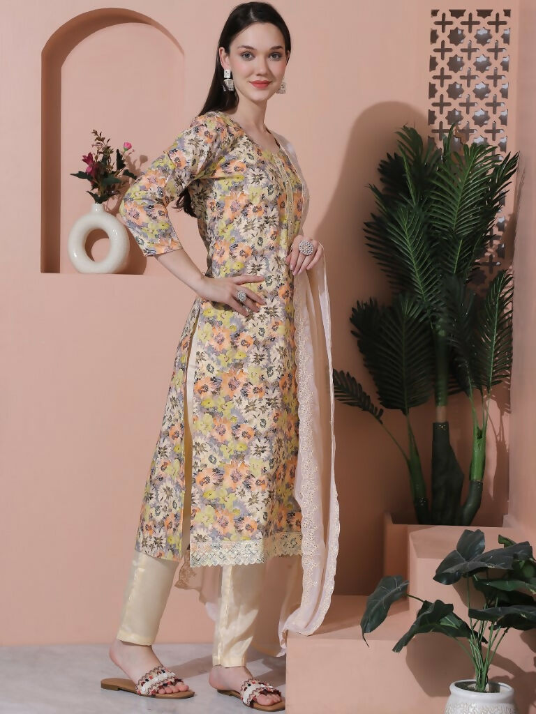 Jyoti Fashion Women's Multicolor Cotton Floral Digital Printed Kurta with Trouser & Dupatta | Swadesiicart