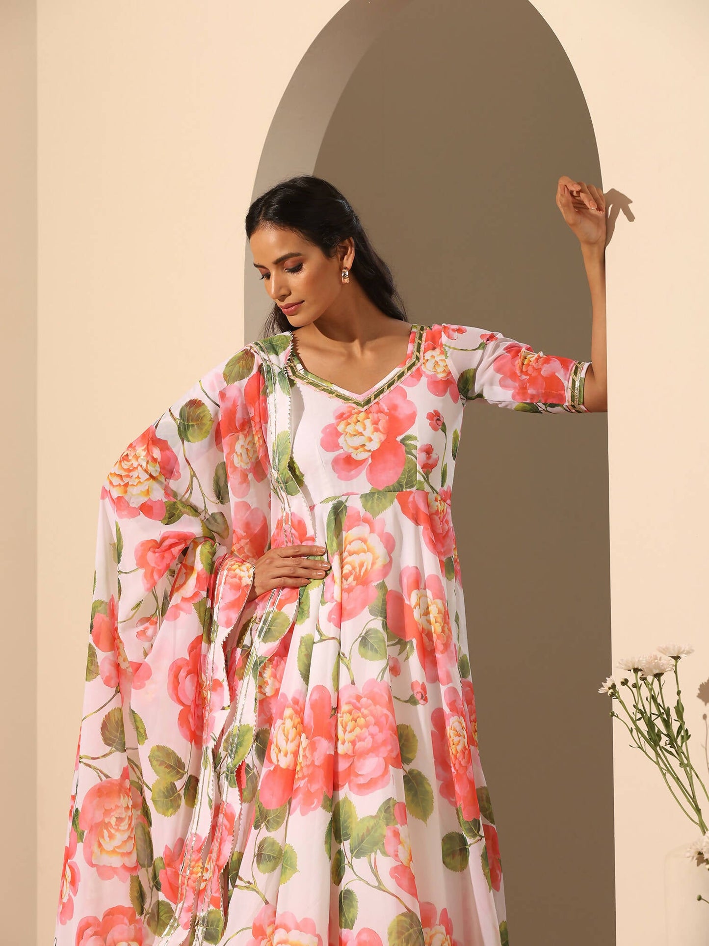 Pomcha Jaipur White Gul Noor Anarkali Set | Swadesiicart