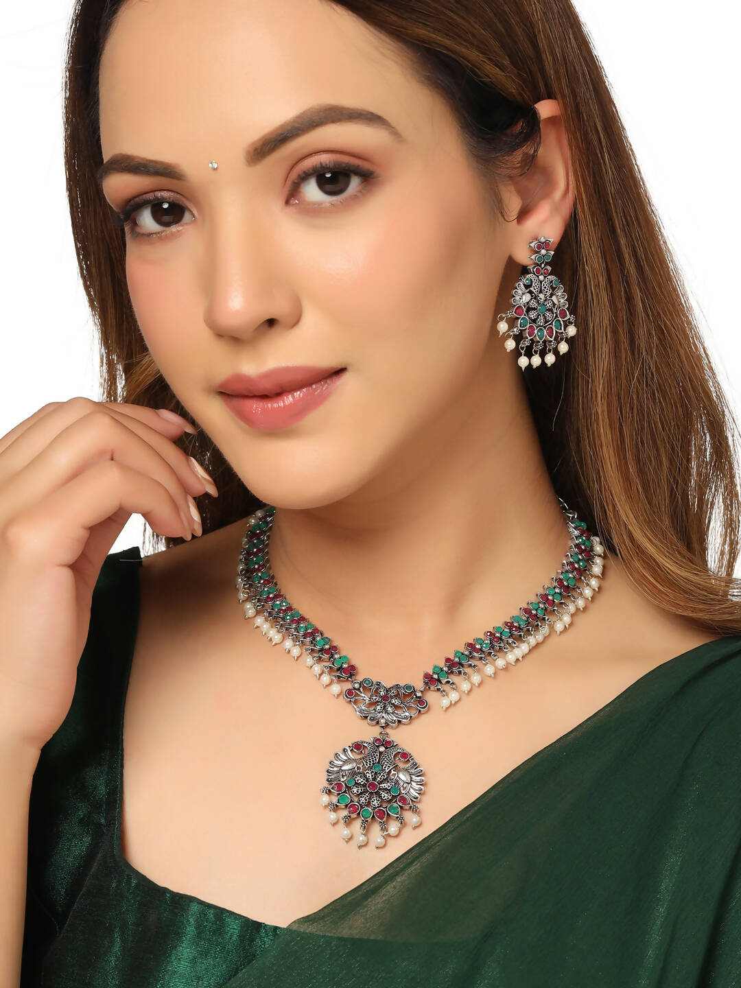 NVR Women Stone Studded Oxidised Silver Jewellery Set - NR Retail-NVR