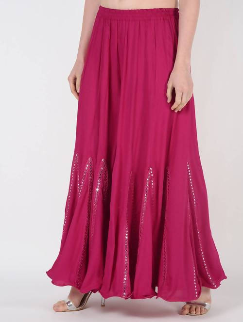 Mominos Fashion Magenta Viscose Rayon Flared Palazzo with Mirror Lace Work - Swadesiicart