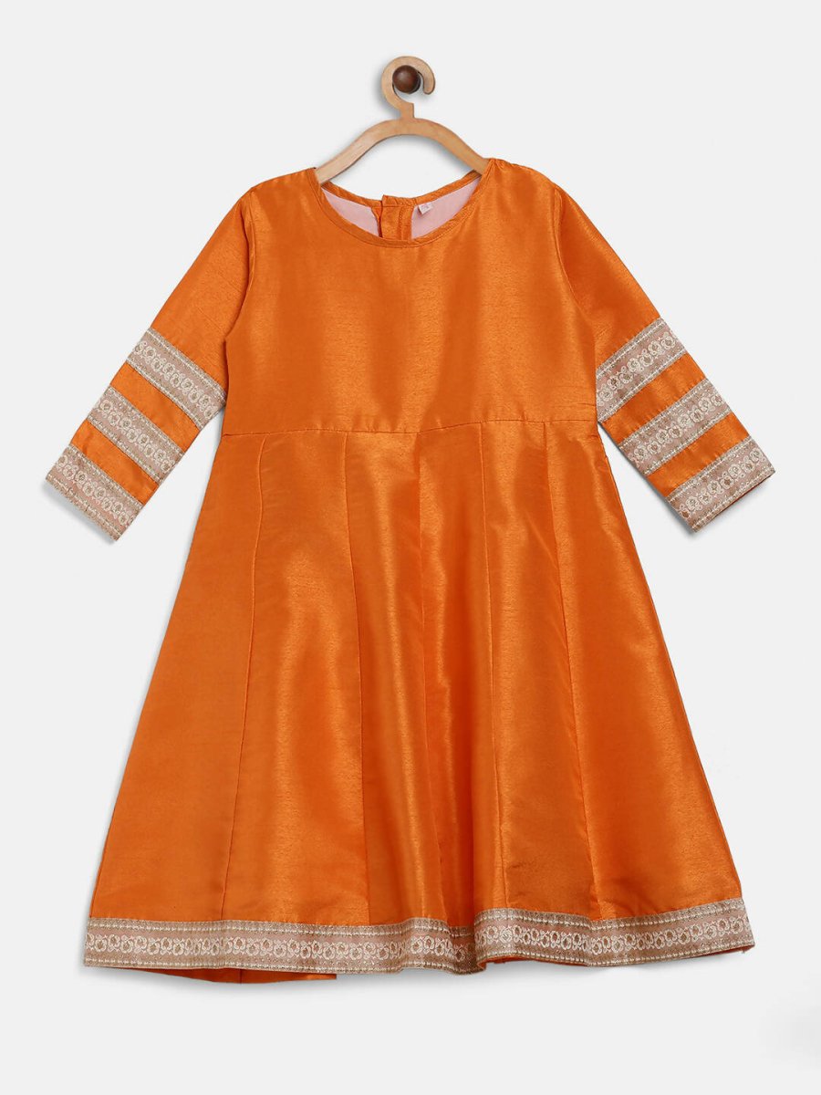 Ahalyaa Orange Poly Silk Anarkali Kids Kurta With Dupatta Set For Girls | Swadesiicart