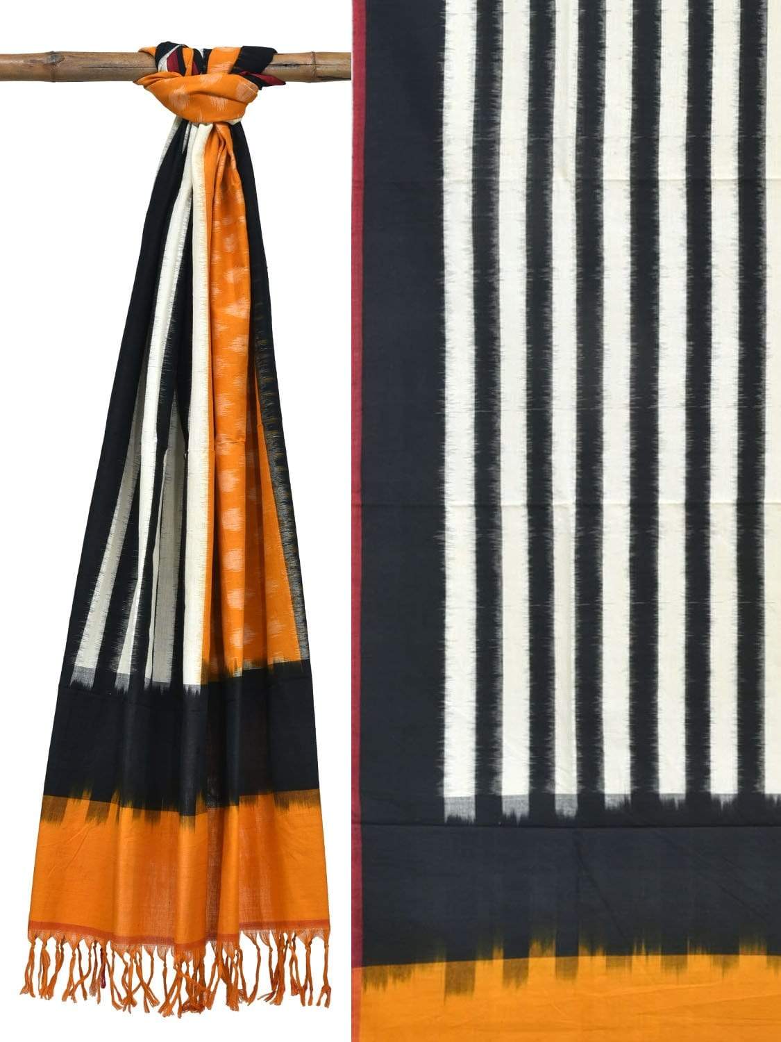 Orange and Black Pochampally Ikat Cotton Handloom Dupatta with Strips and Buta Design - Global Threads | Swadesiicart