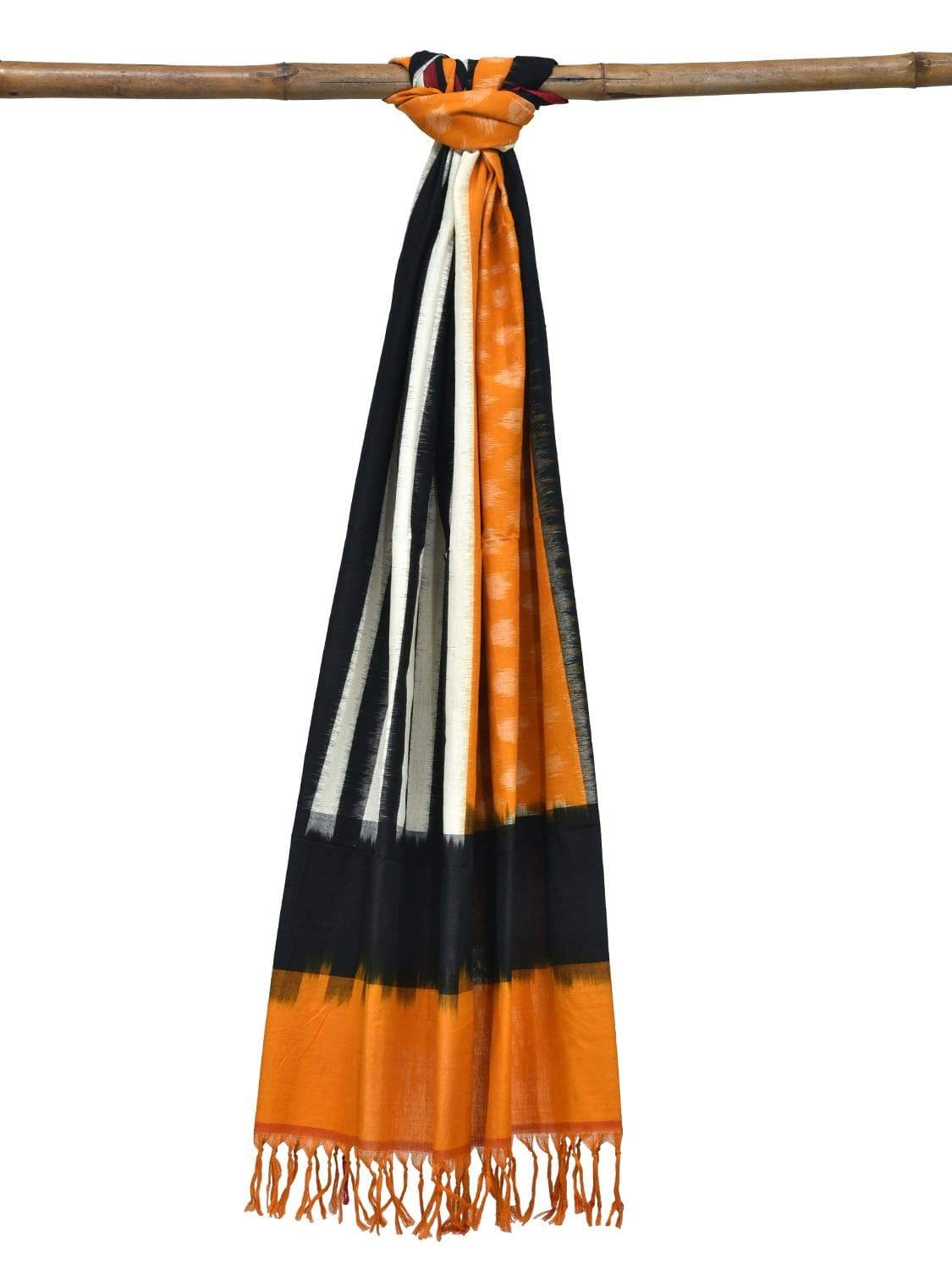 Orange and Black Pochampally Ikat Cotton Handloom Dupatta with Strips and Buta Design - Global Threads | Swadesiicart