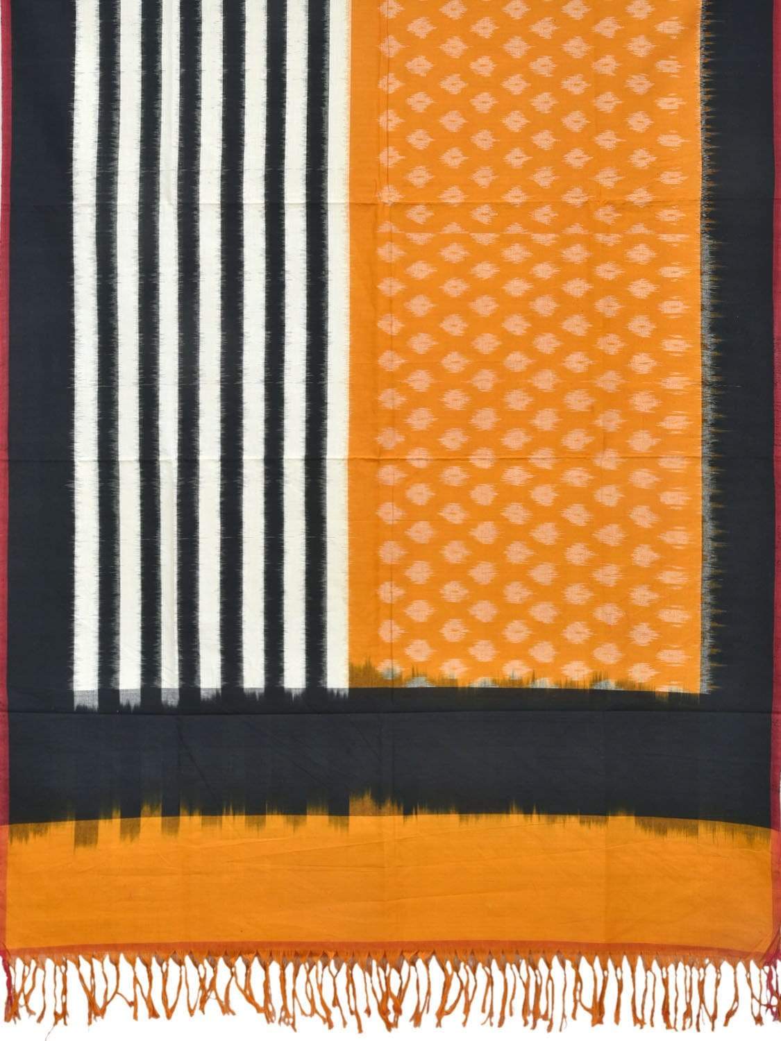Orange and Black Pochampally Ikat Cotton Handloom Dupatta with Strips and Buta Design - Global Threads | Swadesiicart