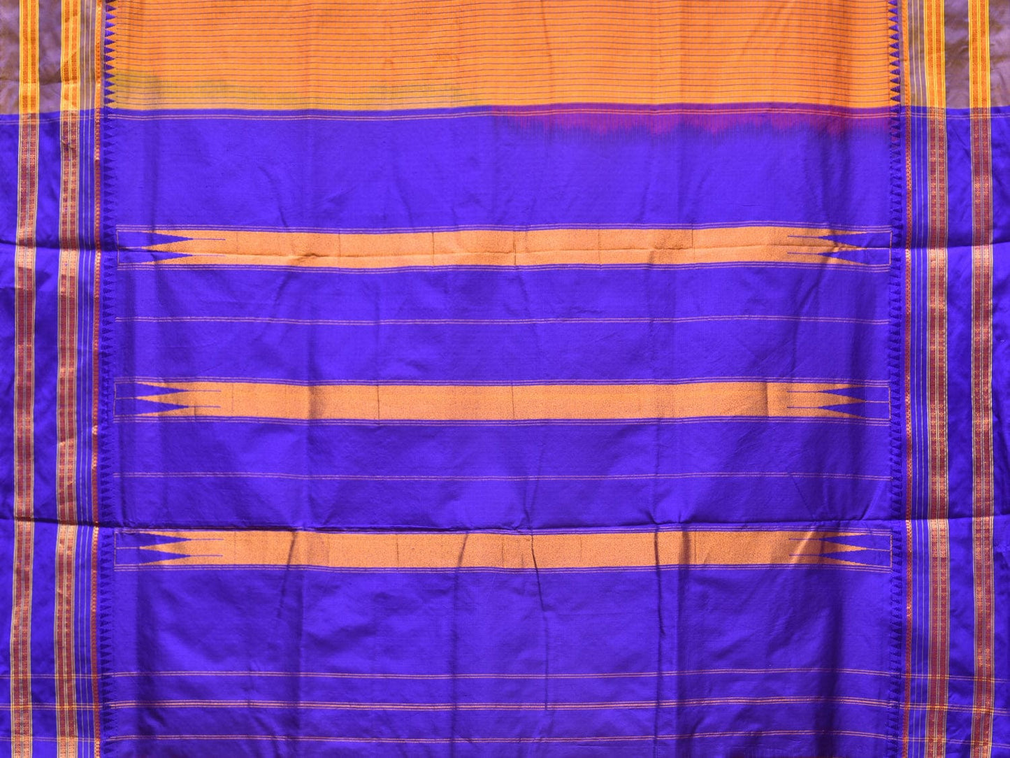 Orange and Blue Narayanpet Silk Handloom Saree with Checks Design No Blouse - Global Threads | Swadesiicart