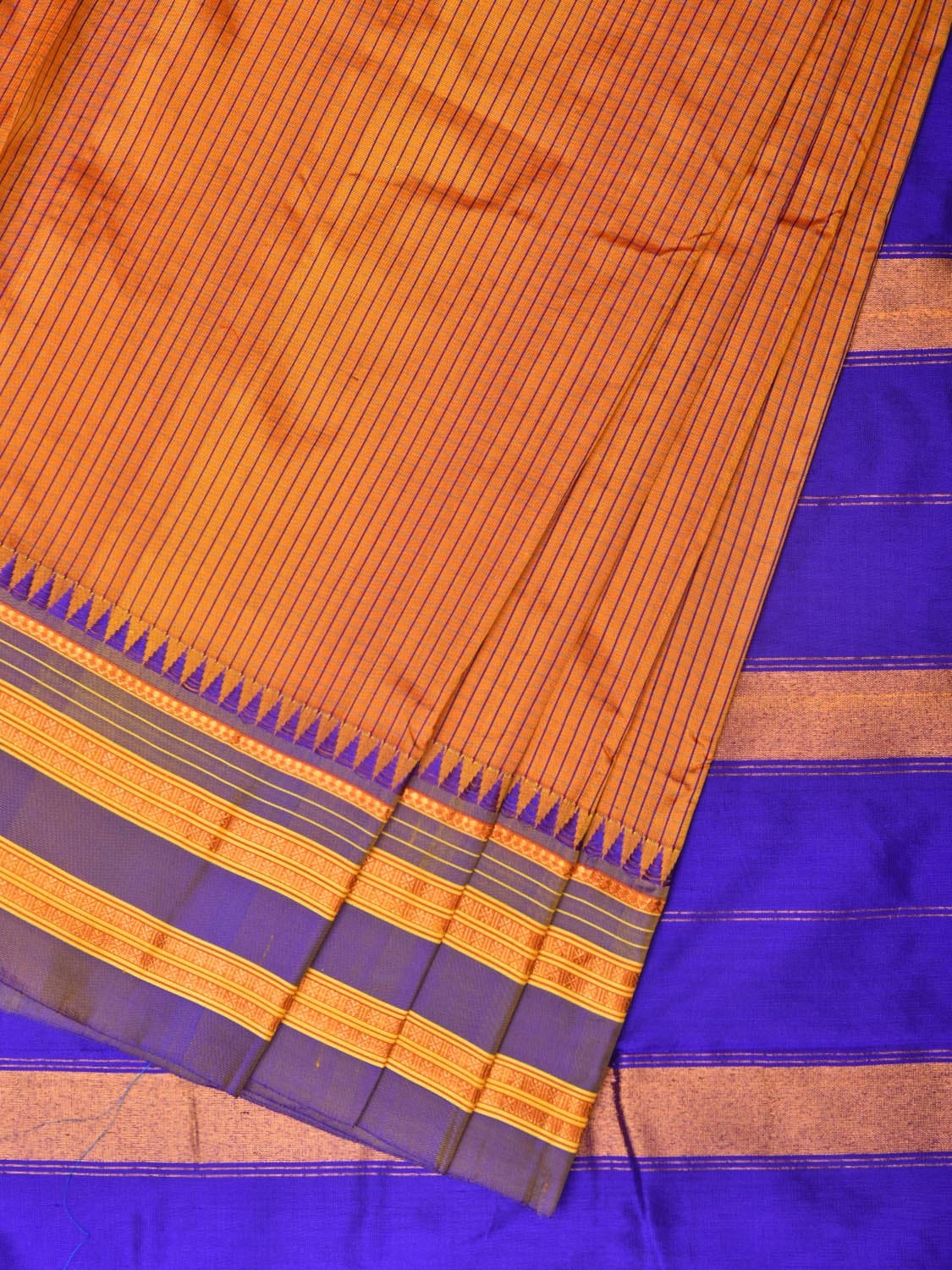 Orange and Blue Narayanpet Silk Handloom Saree with Checks Design No Blouse - Global Threads | Swadesiicart