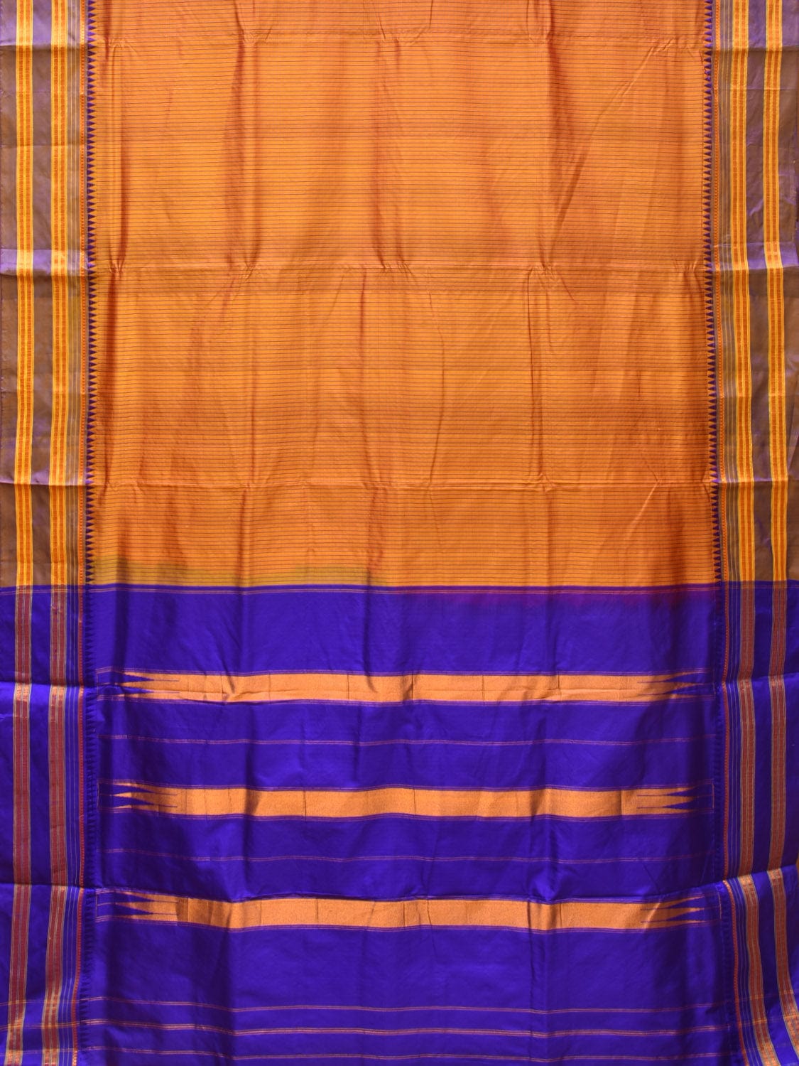 Orange and Blue Narayanpet Silk Handloom Saree with Checks Design No Blouse - Global Threads | Swadesiicart
