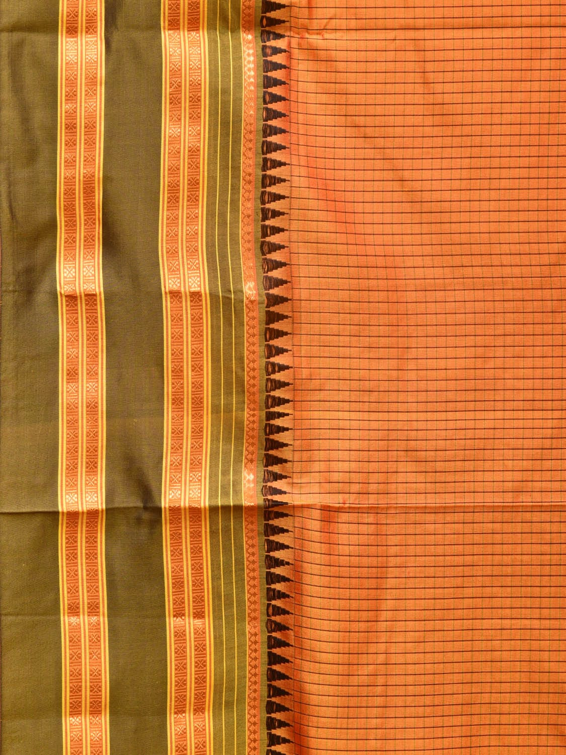 Orange and Brown Narayanpet Silk Handloom Saree with Checks Design No Blouse - Global Threads | Swadesiicart