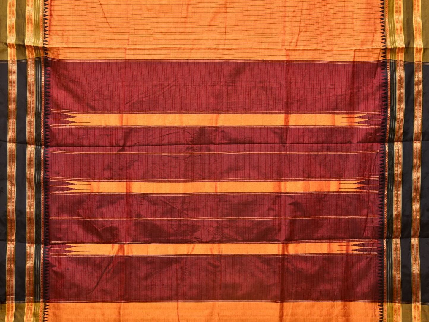 Orange and Brown Narayanpet Silk Handloom Saree with Checks Design No Blouse - Global Threads | Swadesiicart