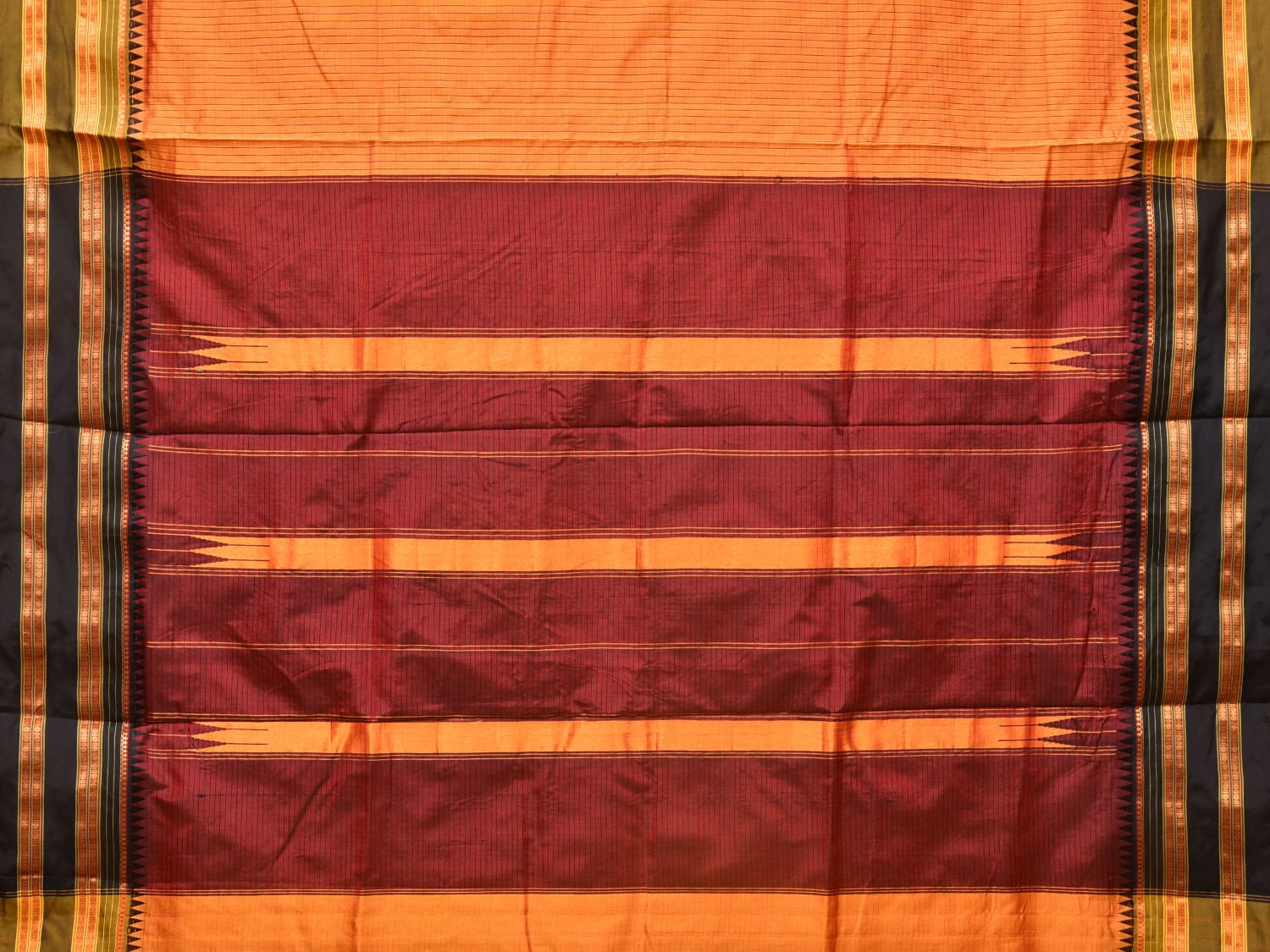 Orange and Brown Narayanpet Silk Handloom Saree with Checks Design No Blouse - Global Threads | Swadesiicart