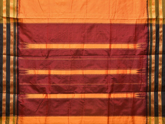 Orange and Brown Narayanpet Silk Handloom Saree with Checks Design No Blouse - Global Threads | Swadesiicart