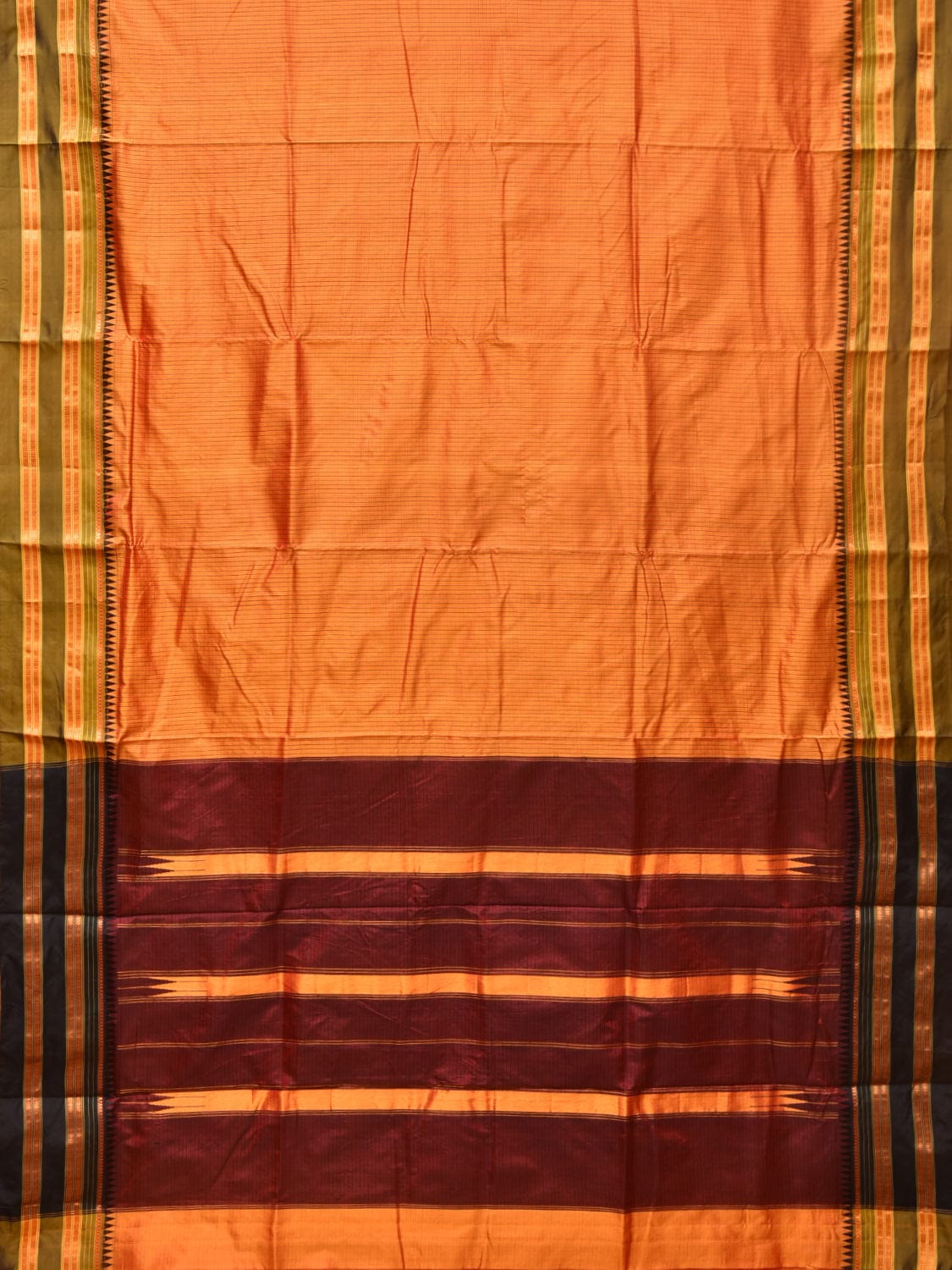 Orange and Brown Narayanpet Silk Handloom Saree with Checks Design No Blouse - Global Threads | Swadesiicart