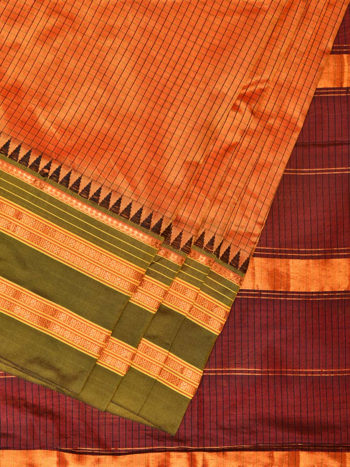 Orange and Brown Narayanpet Silk Handloom Saree with Checks Design No Blouse - Global Threads | Swadesiicart