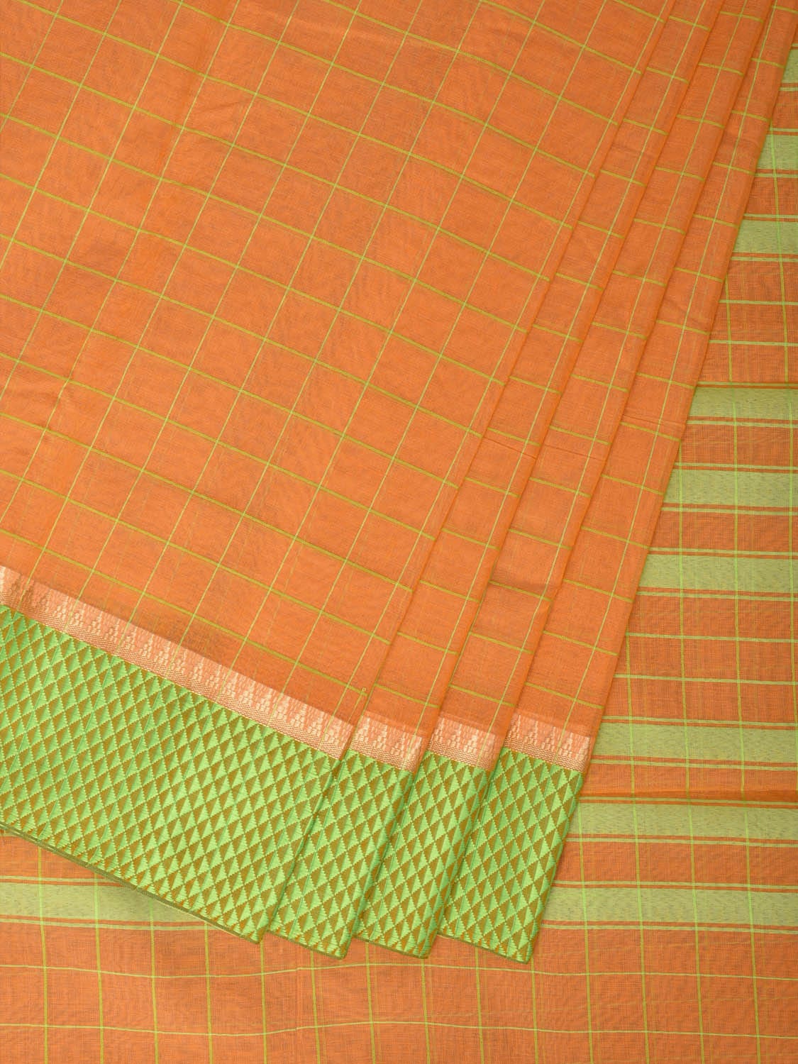 Orange and Light Green Bamboo Cotton Saree with Big Checks Design No Blouse - Global Threads | Swadesiicart
