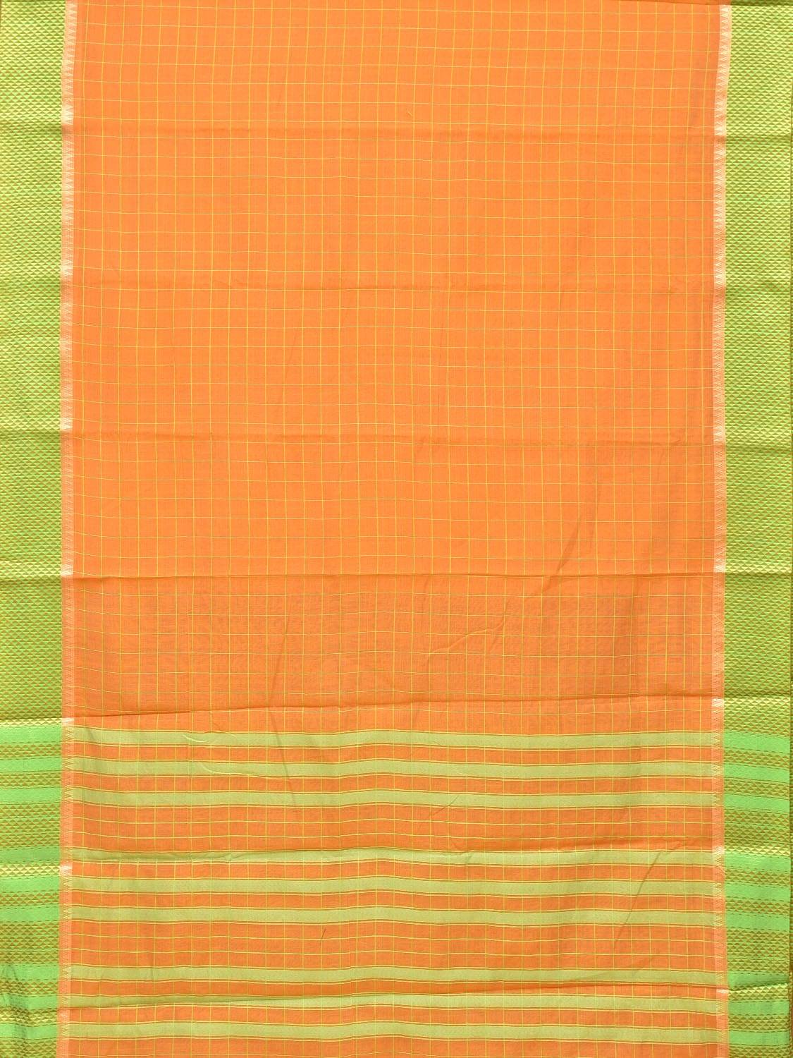 Orange and Light Green Bamboo Cotton Saree with Big Checks Design No Blouse - Global Threads | Swadesiicart