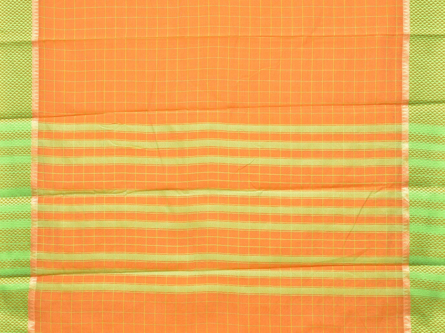 Orange and Light Green Bamboo Cotton Saree with Big Checks Design No Blouse - Global Threads | Swadesiicart