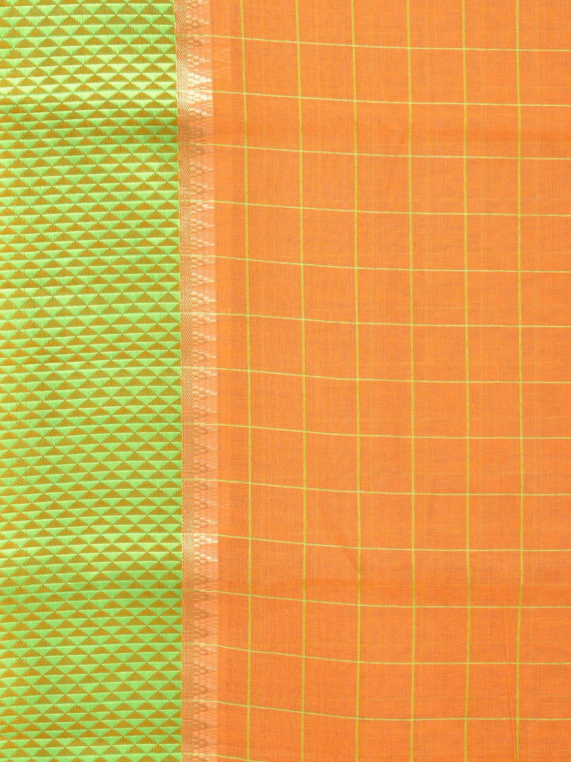 Orange and Light Green Bamboo Cotton Saree with Big Checks Design No Blouse - Global Threads | Swadesiicart