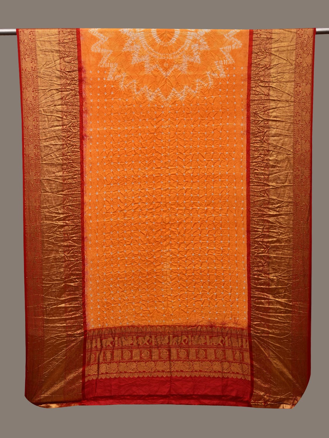 Orange and Red Bandhani Kanchipuram Silk Handloom Dupatta with Border and Chakra Design - Global Threads | Swadesiicart