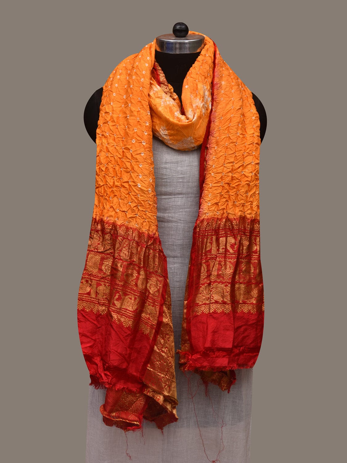 Orange and Red Bandhani Kanchipuram Silk Handloom Dupatta with Border and Chakra Design - Global Threads | Swadesiicart