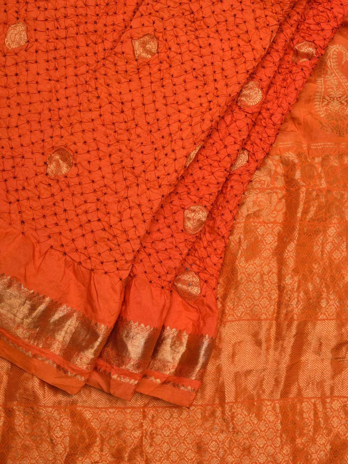 Orange Bandhani Kanchipuram Silk Handloom Saree with Small Buta Design - Global Threads | Swadesiicart