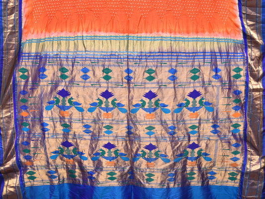Orange Bandhani Paithani Silk Handloom Saree with Peacocks Pallu Design - Global Threads | Swadesiicart