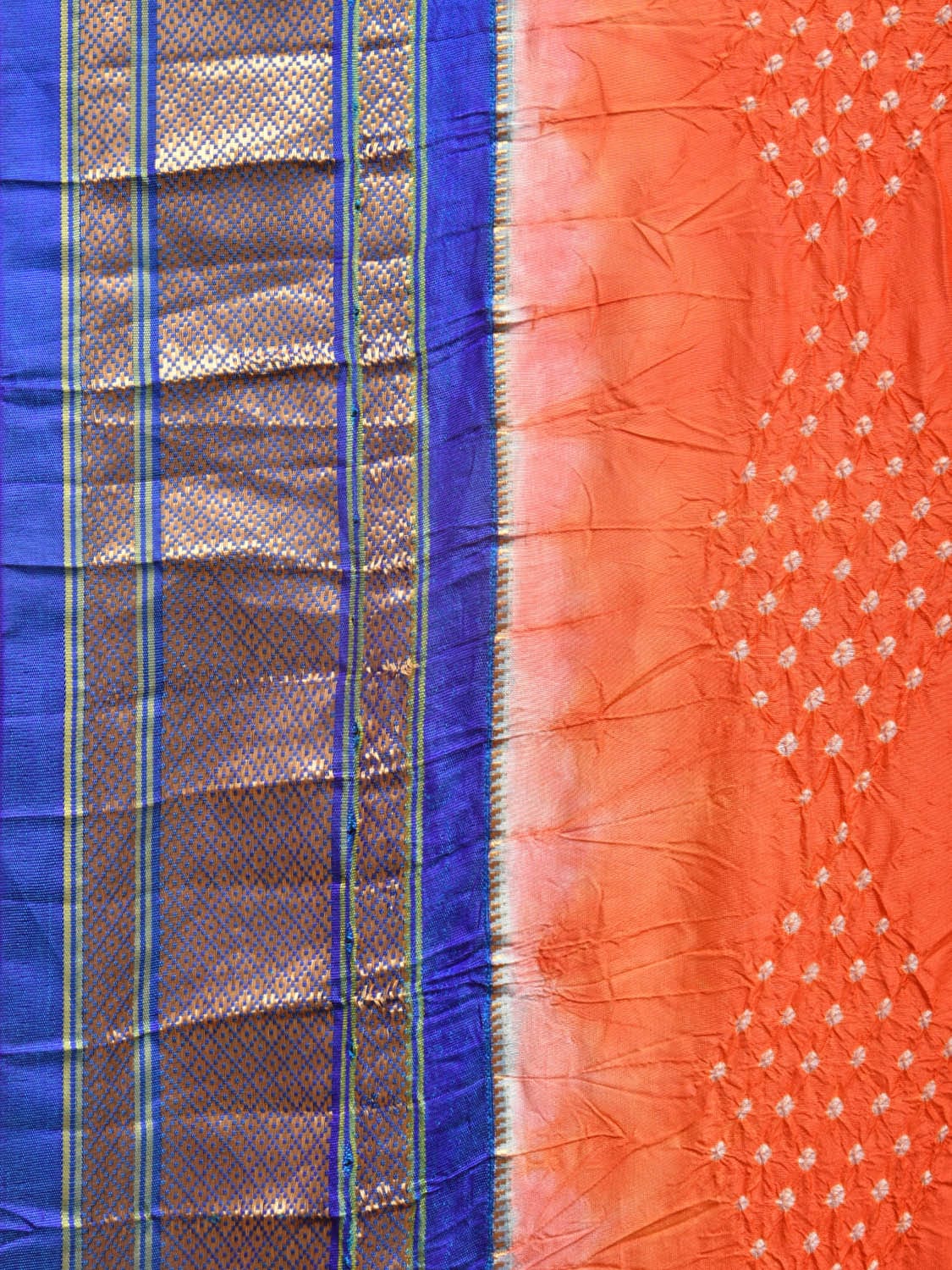 Orange Bandhani Paithani Silk Handloom Saree with Peacocks Pallu Design - Global Threads | Swadesiicart