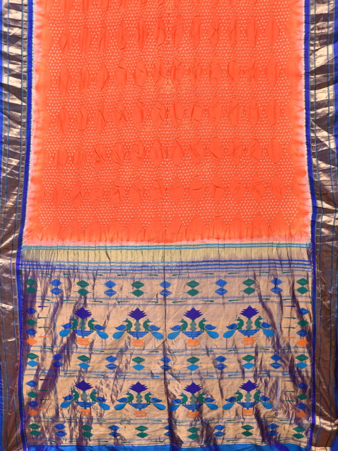 Orange Bandhani Paithani Silk Handloom Saree with Peacocks Pallu Design - Global Threads | Swadesiicart