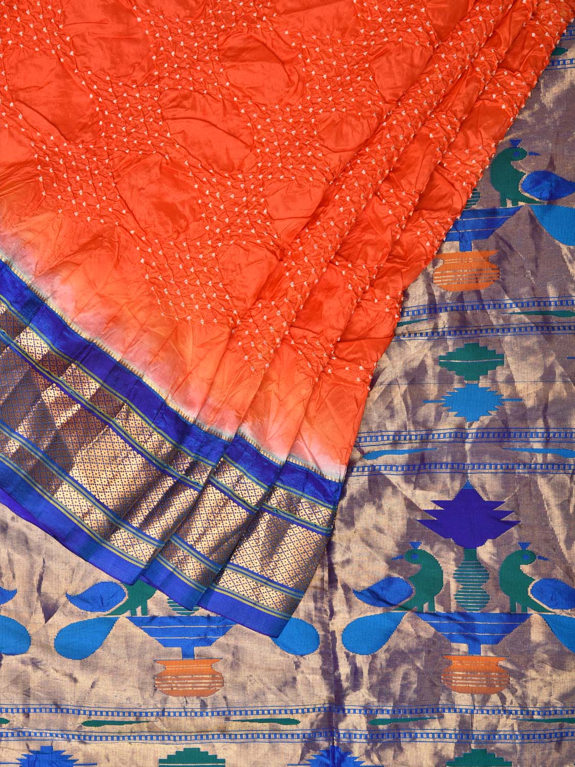 Orange Bandhani Paithani Silk Handloom Saree with Peacocks Pallu Design - Global Threads | Swadesiicart