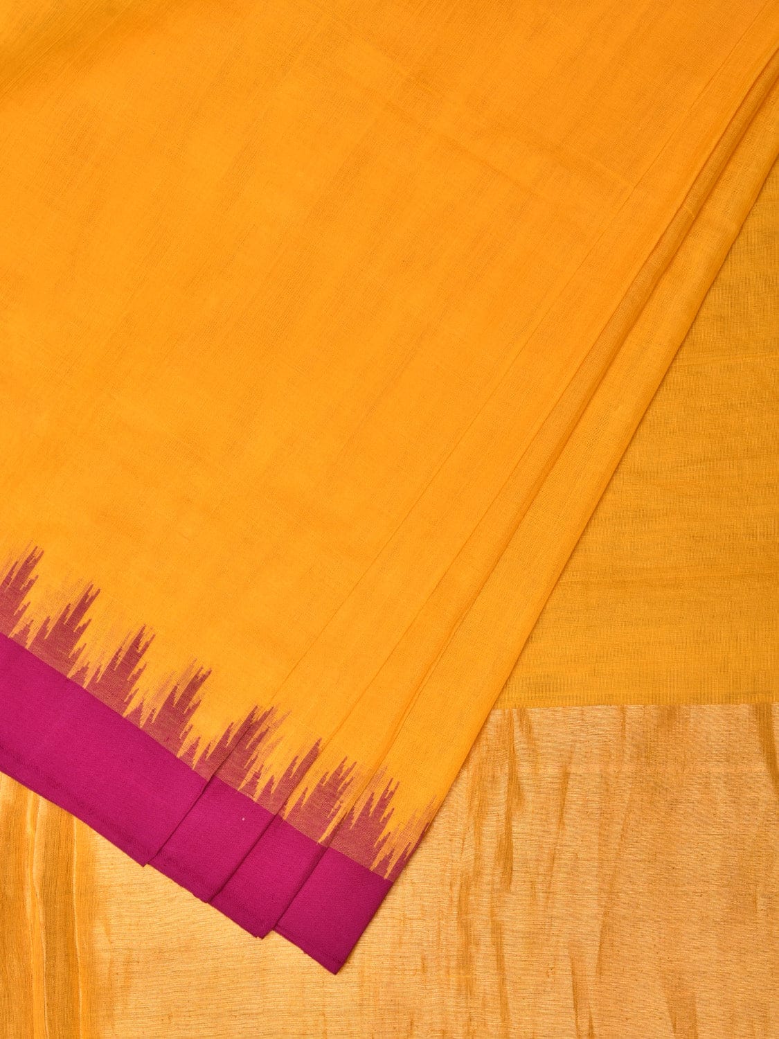 Orange Green Khadi Cotton Handloom Plain Saree with Temple Border Design - Global Threads | Swadesiicart