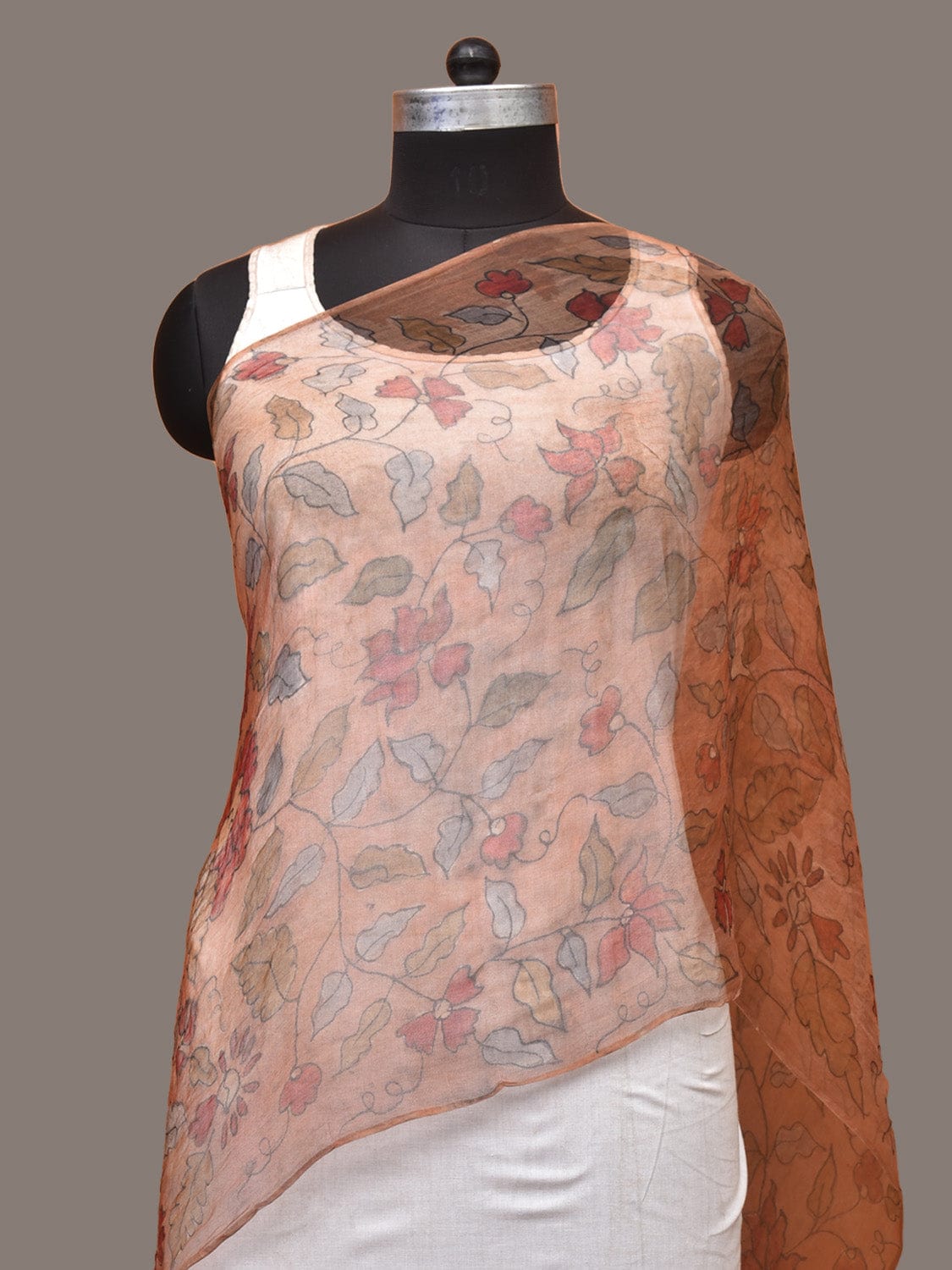 Orange Kalamkari Hand Painted Organza Stole with Floral Design - Global Threads | Swadesiicart