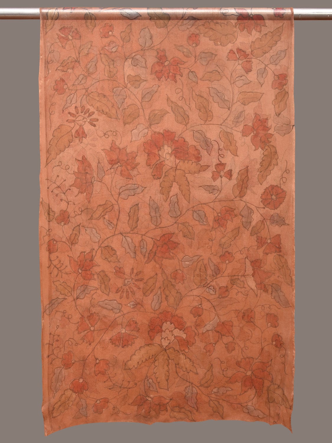 Orange Kalamkari Hand Painted Organza Stole with Floral Design - Global Threads | Swadesiicart