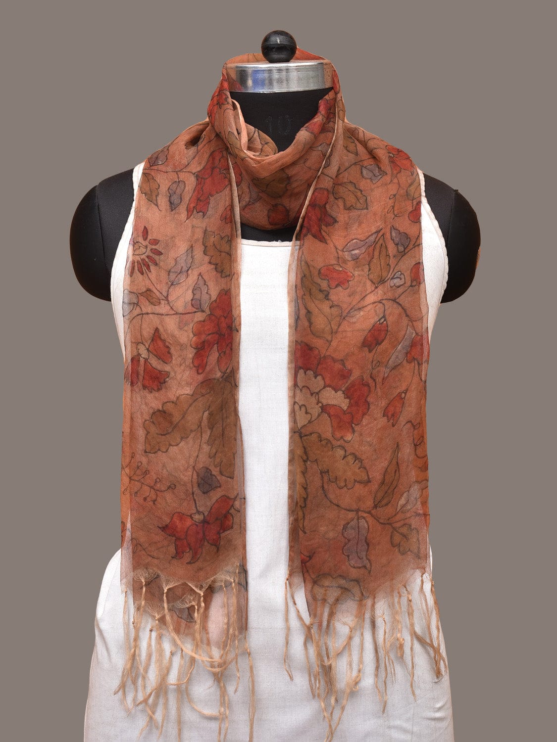 Orange Kalamkari Hand Painted Organza Stole with Floral Design - Global Threads | Swadesiicart