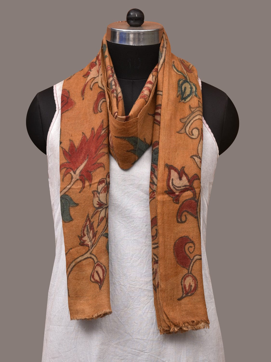 Orange Kalamkari Hand Painted Woolen Handloom Stole with Floral Design - Global Threads | Swadesiicart