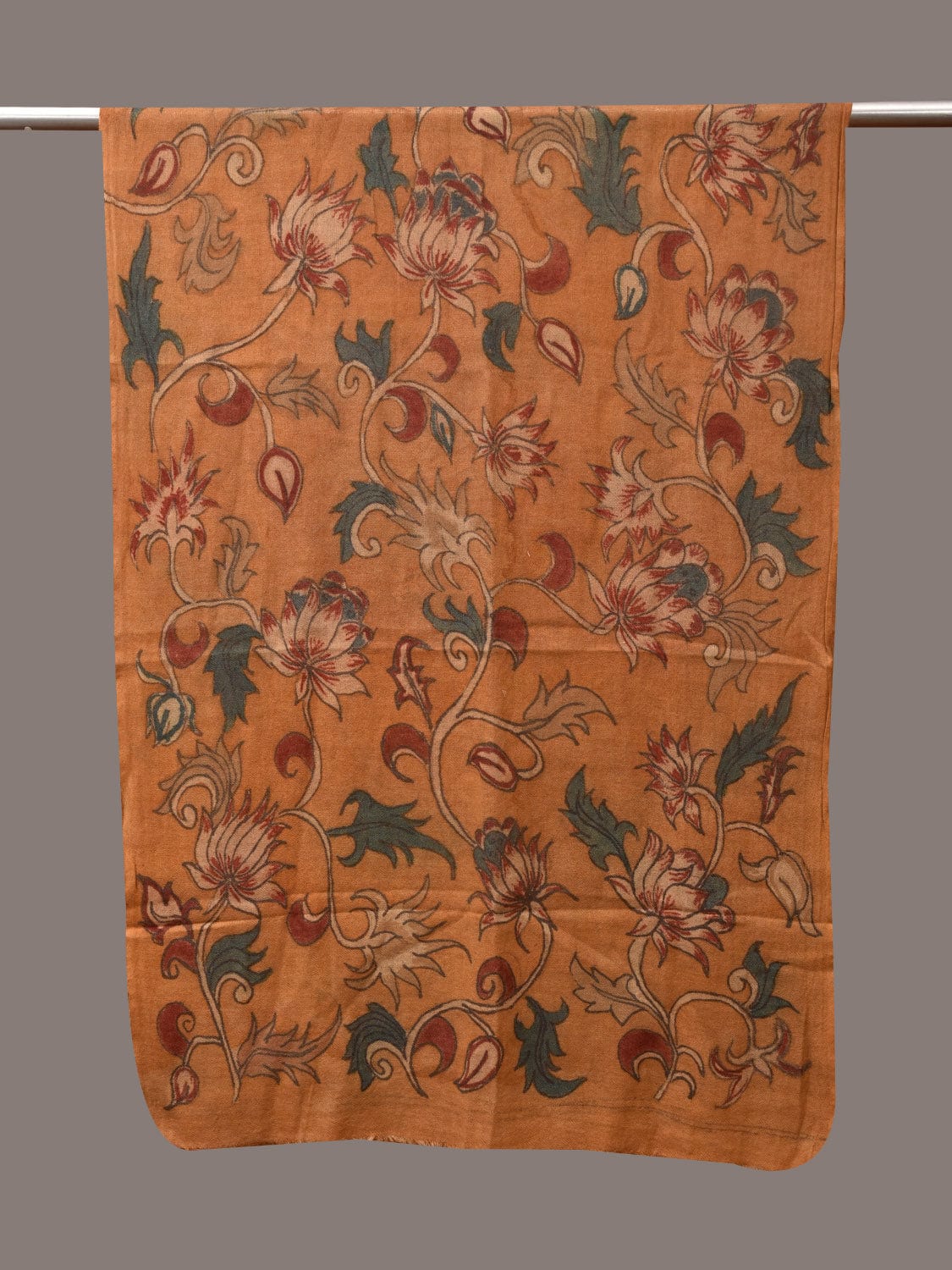 Orange Kalamkari Hand Painted Woolen Handloom Stole with Floral Design - Global Threads | Swadesiicart