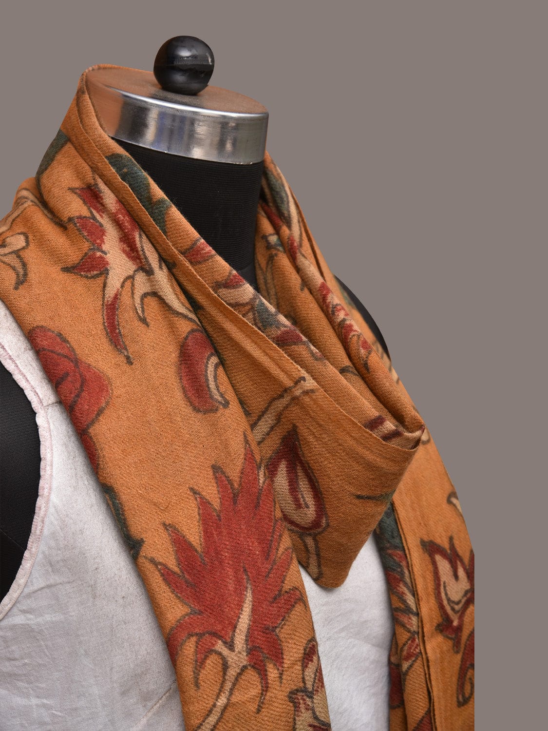 Orange Kalamkari Hand Painted Woolen Handloom Stole with Floral Design - Global Threads | Swadesiicart