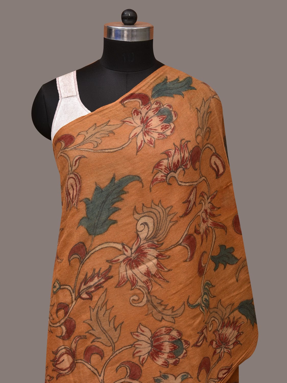 Orange Kalamkari Hand Painted Woolen Handloom Stole with Floral Design - Global Threads | Swadesiicart