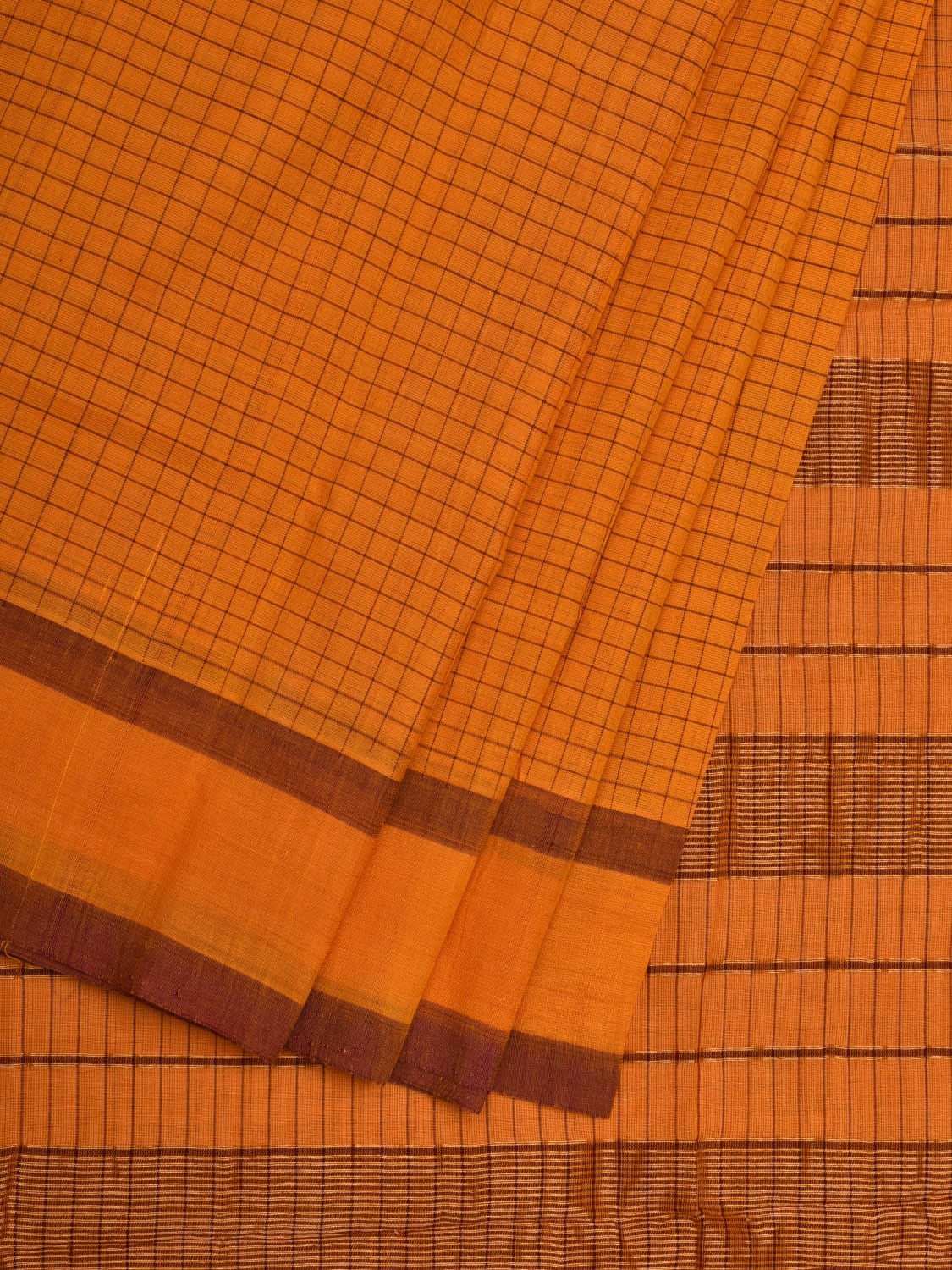 Orange Narayanpet Cotton Handloom Saree with Checks Design - Global Threads | Swadesiicart