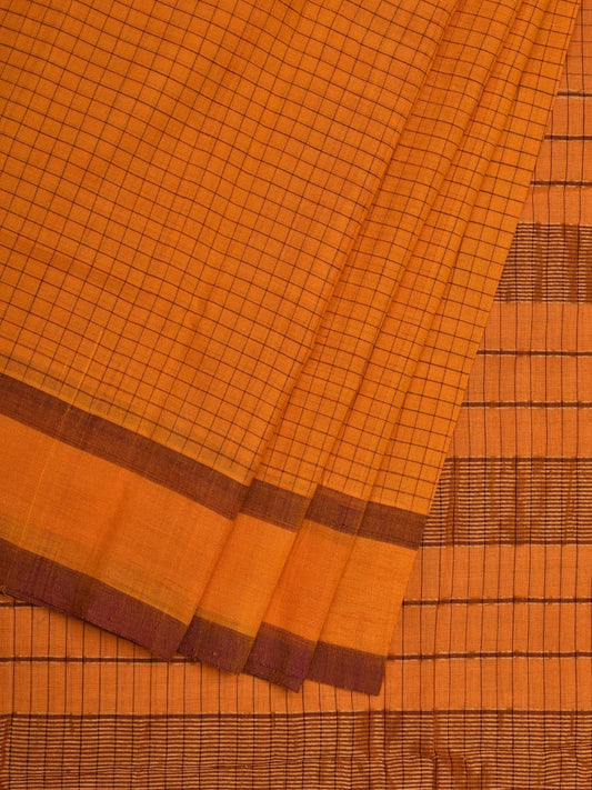 Orange Narayanpet Cotton Handloom Saree with Checks Design - Global Threads | Swadesiicart