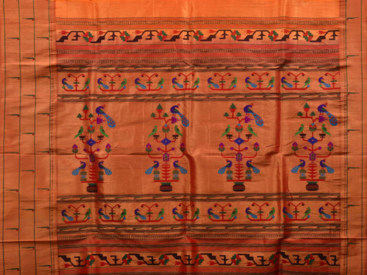 Orange Paithani Silk Handloom Saree with Triple Muniya Border Design - Global Threads | Swadesiicart