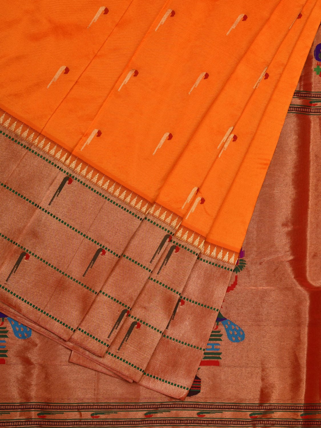 Orange Paithani Silk Handloom Saree with Triple Muniya Border Design - Global Threads | Swadesiicart