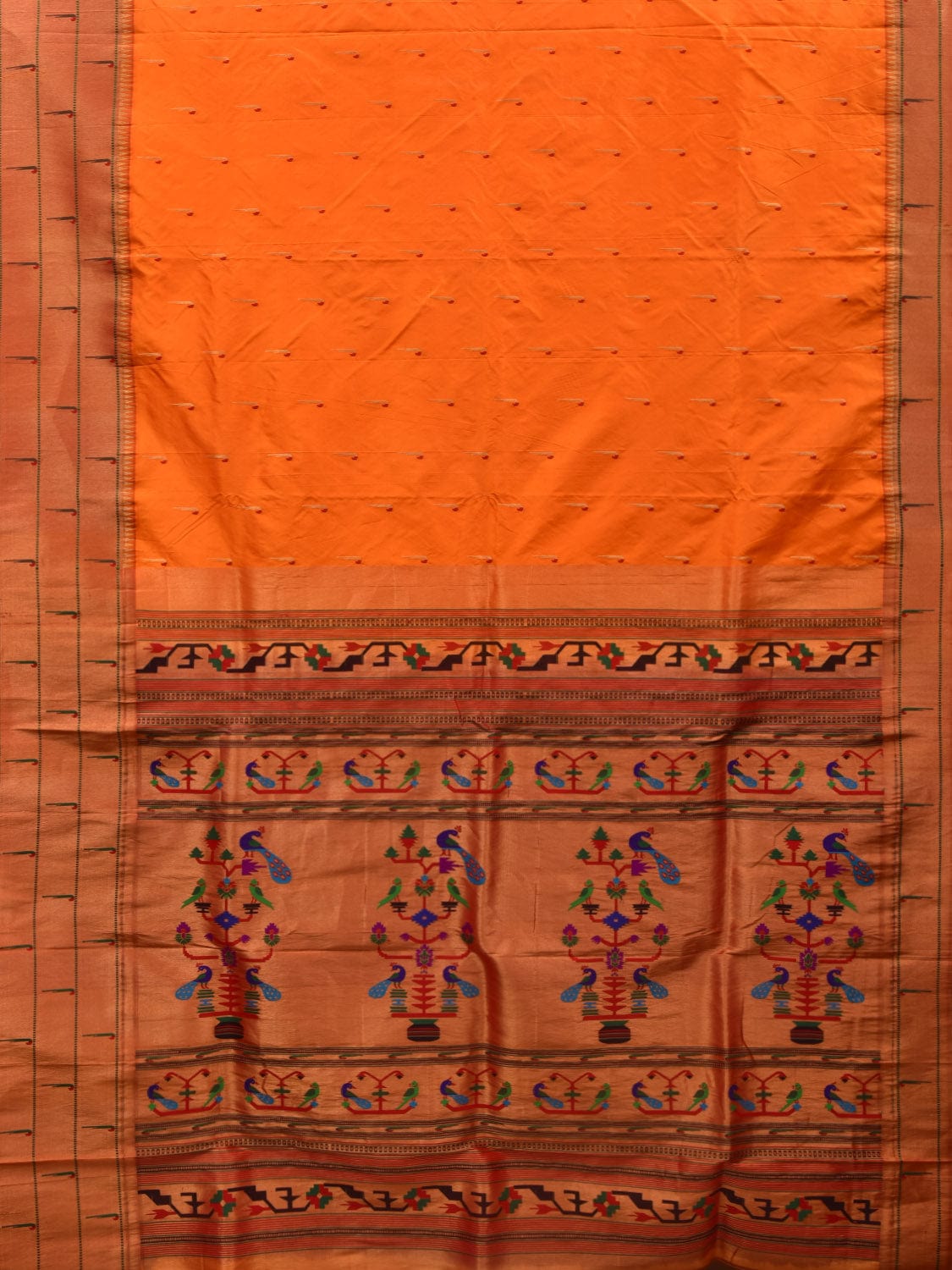 Orange Paithani Silk Handloom Saree with Triple Muniya Border Design - Global Threads | Swadesiicart