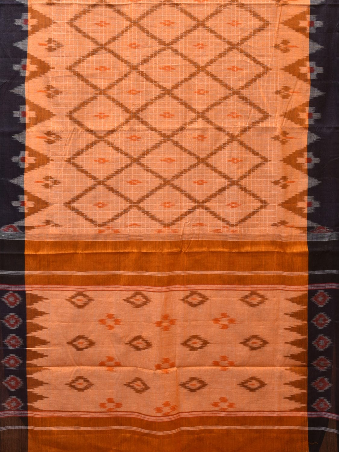 Orange Pochampally Ikat Cotton Handloom Saree with Grill and Big Temple Border Design No Blouse - Global Threads | Swadesiicart
