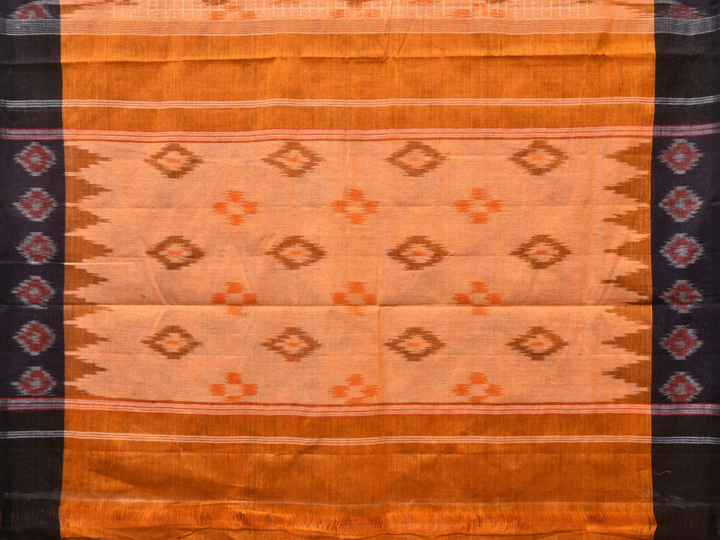 Orange Pochampally Ikat Cotton Handloom Saree with Grill and Big Temple Border Design No Blouse - Global Threads | Swadesiicart