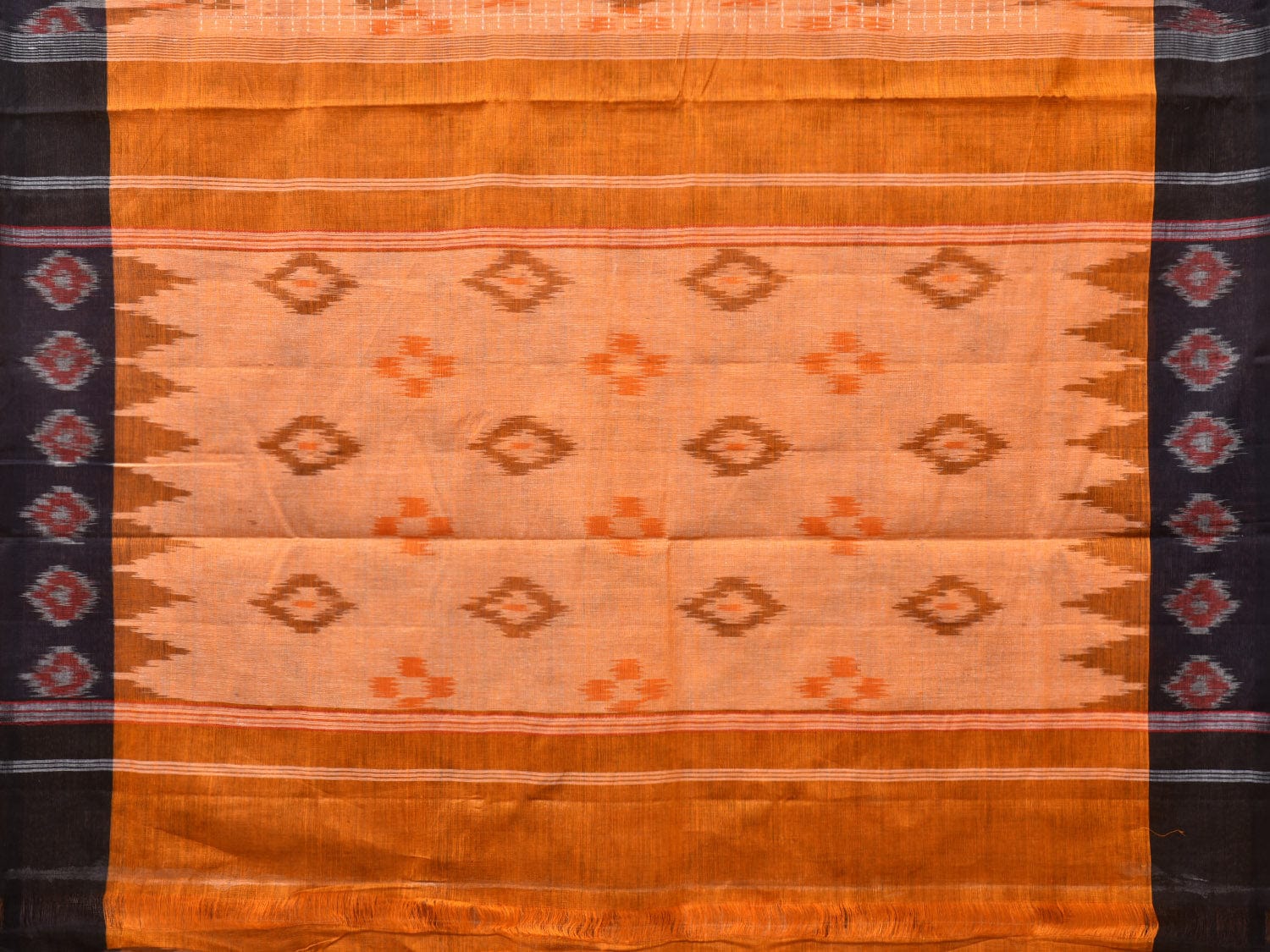 Orange Pochampally Ikat Cotton Handloom Saree with Grill and Big Temple Border Design No Blouse - Global Threads | Swadesiicart