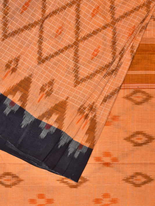 Orange Pochampally Ikat Cotton Handloom Saree with Grill and Big Temple Border Design No Blouse - Global Threads | Swadesiicart